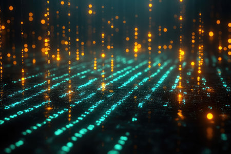 An abstract digital background featuring teal and orange bokeh lights, creating a futuristic and dynamic visual.の素材