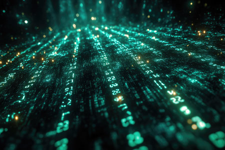 An abstract digital data flow visualization with green and yellow lights.の素材