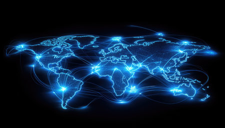 A digital rendering of a world map with glowing blue lines connecting different continents, illustrating global communication and interconnectedness.の素材
