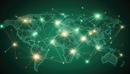 A stylized world map with glowing nodes interconnected, representing global communication and networking.の素材