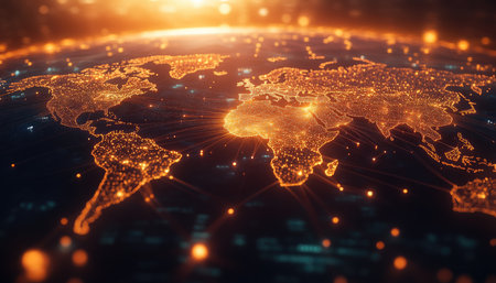 A digitally-rendered image of the world, illuminated with lines and points, representing global connectivity.の素材