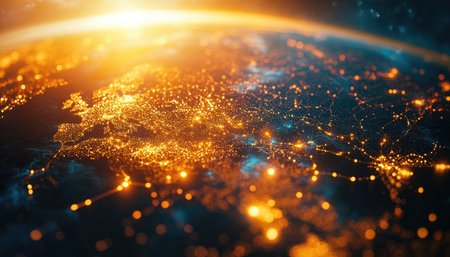 A close-up view of Earth at night, illuminated by city lights and glowing lines connecting them, creating a stunning cosmic view.の素材