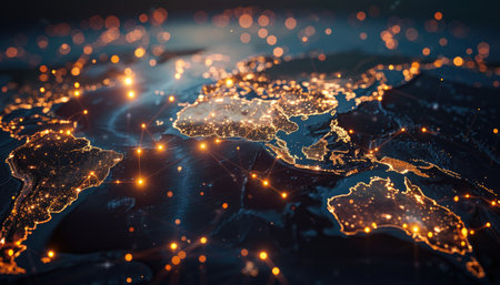 A close-up of a stylized Earth illuminated with glowing city lights and connected by network lines.の素材