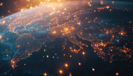 A close-up image of Earth with glowing city lights at night.の素材