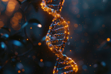 A detailed view of a luminous DNA helix with a backdrop of out-of-focus lights, highlighting the complexity and beauty of the genetic code.の素材