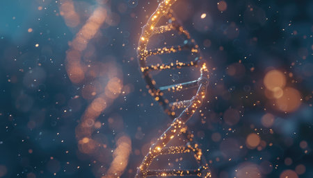 A 3D rendering of a glowing DNA strand against a blurred bokeh background.の素材