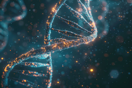 A detailed and abstract representation of a DNA molecule with glowing particles.の素材