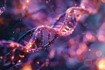 A close-up, abstract representation of a DNA double helix with glowing particles, creating a vibrant and futuristic visual.の素材
