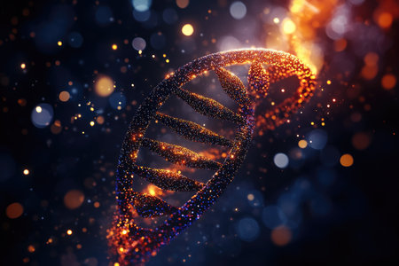 A double helix DNA molecule with sparkling particles, against a dark background with bokeh effects.の素材
