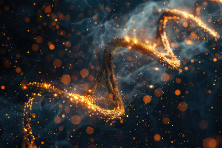 A 3D rendering of a glowing, golden DNA double helix against a dark background with smoke and bokeh.の素材