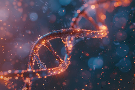 A digital illustration of a glowing DNA double helix with a bokeh background.の素材