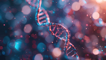 A close-up of a DNA double helix with a sparkling, iridescent texture against an abstract bokeh background.の素材