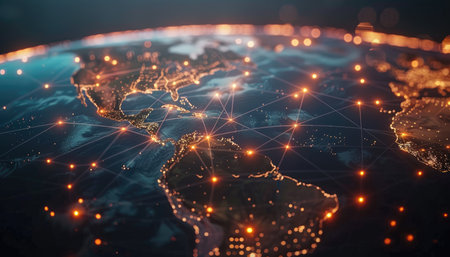 An abstract representation of a global network with bright lights on a dark Earth.の素材