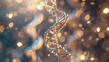A close-up of a golden DNA helix with a blurred background of lights.の素材