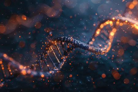 A close-up image of a glowing DNA double helix with sparkling particles against a dark background.の素材