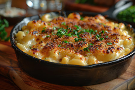 Baked macaroni and cheese in a cast-iron frying panの素材