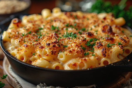 Baked macaroni with cheese and parsley in a panの素材