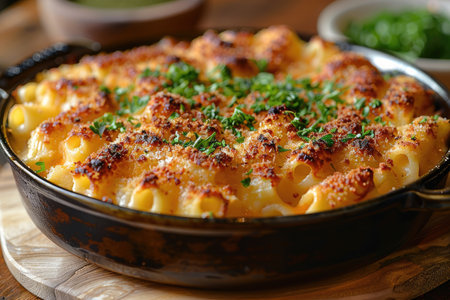 Baked macaroni with cheese and herbs in a frying panの素材