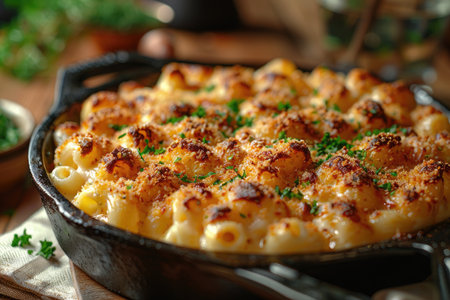 Baked macaroni with cheese in a cast-iron panの素材