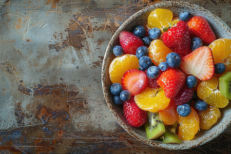 Bowl of fresh fruit salad with strawberries, blueberries, kiwi, oranges, grapefruit and tangerines on rustic background. Top view with copy spaceの素材