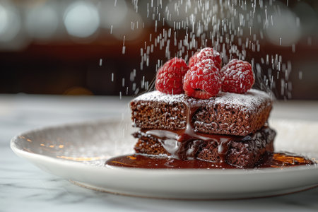 Chocolate cake with raspberries and icing sugar on a white plateの素材
