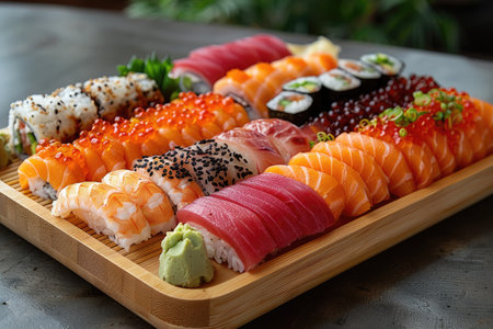 sushi set on a wooden plate, japanese food styleの素材