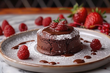 Chocolate cake with raspberries and chocolate glaze on plateの素材
