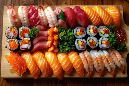 Sushi set on a wooden plate. Sushi rolls, nigiri, nigiri, maki, nigiri, uramaki, california, sashimi and sushi rolls.の素材