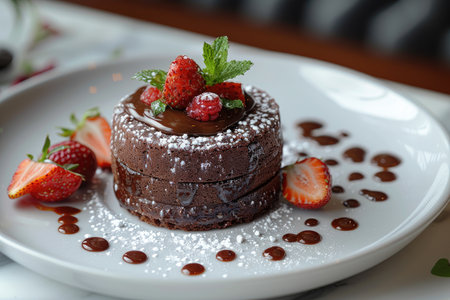 Chocolate cake with strawberries and mint on a white plate in a restaurantの素材