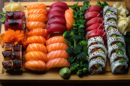 Sushi set in a wooden tray on a wooden background, top viewの素材