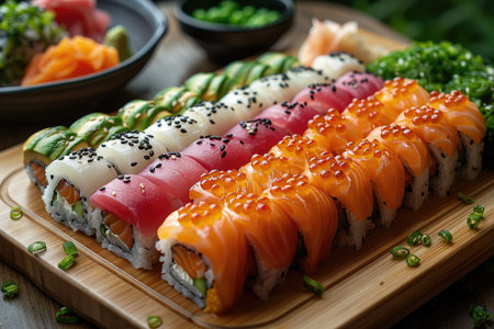 Sushi roll with salmon, tuna, shrimp, avocado, cucumber, nori, sesame seeds on wooden plateの素材