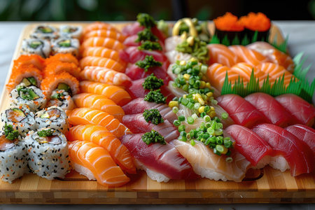 Sushi set on a wooden plate. Japanese food. Close-upの素材