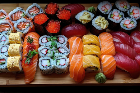 Produce an enticing 8K photograph of a colorful sushi platter featuring an assortment of nigiri, maki rolls, and sashimi, presented on a bamboo sushi board. The sushi should be meticulously arranged to showcase the artistry of the chef and the freshness of the ingredients. --ar 3:2 --stylize 750 --v 6 Job ID: 2396acf1-1b5c-4e21-b056-6ac439e3bc05の素材