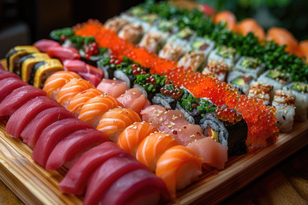 Produce an enticing 8K photograph of a colorful sushi platter featuring an assortment of nigiri, maki rolls, and sashimi, presented on a bamboo sushi board. The sushi should be meticulously arranged to showcase the artistry of the chef and the freshness of the ingredients. --ar 3:2 --stylize 1000 --v 6 Job ID: e158e30c-4523-4ac7-89d6-ac068c193b0cの素材