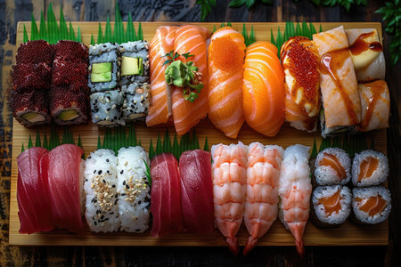 Produce an enticing 8K photograph of a colorful sushi platter featuring an assortment of nigiri, maki rolls, and sashimi, presented on a bamboo sushi board. The sushi should be meticulously arranged to showcase the artistry of the chef and the freshness of the ingredients. --ar 3:2 --stylize 750 --v 6 Job ID: 23e239da-7b62-4577-9564-8a162b2feb8aの素材