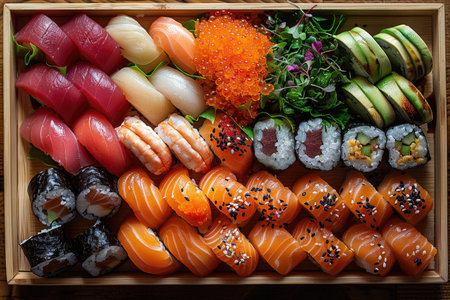 Produce an enticing 8K photograph of a colorful sushi platter featuring an assortment of nigiri, maki rolls, and sashimi, presented on a bamboo sushi board. The sushi should be meticulously arranged to showcase the artistry of the chef and the freshness of the ingredients. --ar 3:2 --stylize 1000 --v 6 Job ID: 6292c321-ecf8-4474-929f-34e4faa474c3の素材