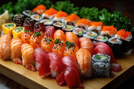 Produce an enticing 8K photograph of a colorful sushi platter featuring an assortment of nigiri, maki rolls, and sashimi, presented on a bamboo sushi board. The sushi should be meticulously arranged to showcase the artistry of the chef and the freshness of the ingredients. --ar 3:2 --stylize 1000 --v 6 Job ID: 41e8bda1-bca6-49a8-9dc2-422a8a5150b1の素材