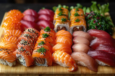 Produce an enticing 8K photograph of a colorful sushi platter featuring an assortment of nigiri, maki rolls, and sashimi, presented on a bamboo sushi board. The sushi should be meticulously arranged to showcase the artistry of the chef and the freshness of the ingredients. --ar 3:2 --stylize 750 --v 6 Job ID: c04f48aa-37dc-430d-aea9-e6c2c518c81fの素材