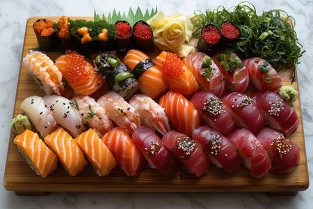 Sushi set on wooden board, top view. Japanese food backgroundの素材