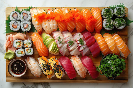 sushi set on wooden board, japanese food top viewの素材