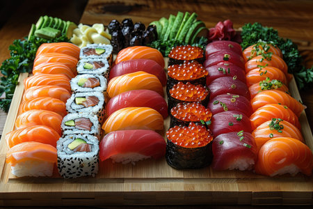 Sushi set on a wooden background. Sushi rolls with salmon, tuna, eel and caviarの素材