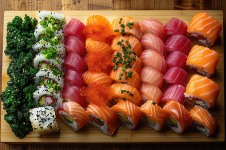 Produce an enticing 8K photograph of a colorful sushi platter featuring an assortment of nigiri, maki rolls, and sashimi, presented on a bamboo sushi board. The sushi should be meticulously arranged to showcase the artistry of the chef and the freshness of the ingredients. --ar 3:2 --stylize 1000 --v 6 Job ID: 505e4985-3d6a-40e1-848f-01f1a790dbfdの素材