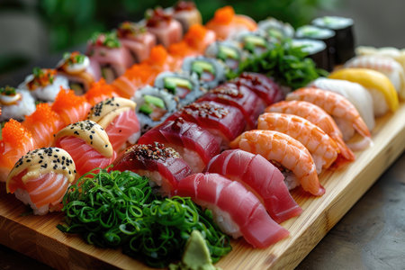 Produce an enticing 8K photograph of a colorful sushi platter featuring an assortment of nigiri, maki rolls, and sashimi, presented on a bamboo sushi board. The sushi should be meticulously arranged to showcase the artistry of the chef and the freshness of the ingredients. --ar 3:2 --stylize 750 --v 6 Job ID: 22d20e1a-5b27-41e3-be25-2bafcac5625fの素材