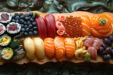 Produce an enticing 8K photograph of a colorful sushi platter featuring an assortment of nigiri, maki rolls, and sashimi, presented on a bamboo sushi board. The sushi should be meticulously arranged to showcase the artistry of the chef and the freshness of the ingredients. --ar 3:2 --stylize 750 --v 6 Job ID: e398c8ed-1b8e-47a2-99b2-408e054e2573の素材