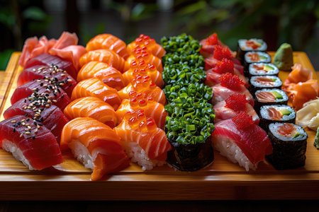 Produce an enticing 8K photograph of a colorful sushi platter featuring an assortment of nigiri, maki rolls, and sashimi, presented on a bamboo sushi board. The sushi should be meticulously arranged to showcase the artistry of the chef and the freshness of the ingredients. --ar 3:2 --stylize 1000 --v 6 Job ID: 30bd8162-db49-4684-9ca3-ee62ef2f13b1の素材