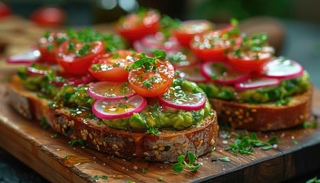 Avocado bruschetta with tomatoes, radish and herbsの素材
