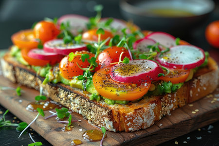 Avocado toast with tomatoes, radish and microgreen on wooden boardの素材