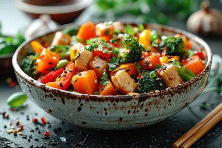 Chicken stir fry with vegetables in a bowl on a dark slate, stone or concrete background.の素材