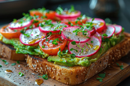 Vegetarian sandwich with avocado, radish, tomatoes and microgreensの素材