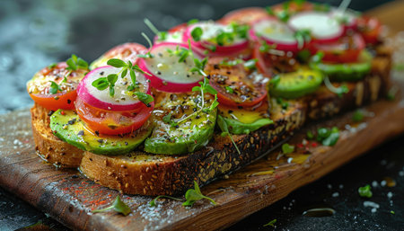 Vegetarian bruschetta with avocado, tomato, radish and herbsの素材